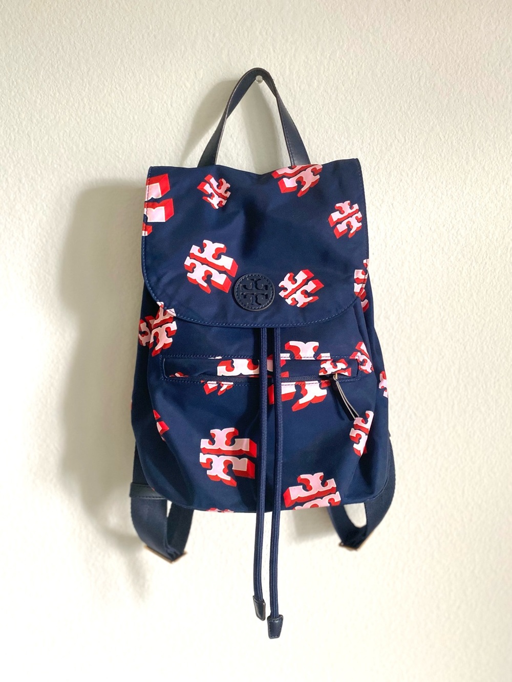 Tory Burch Crazy Logo Navy Blue leather Nylon All Over Print Book Bag